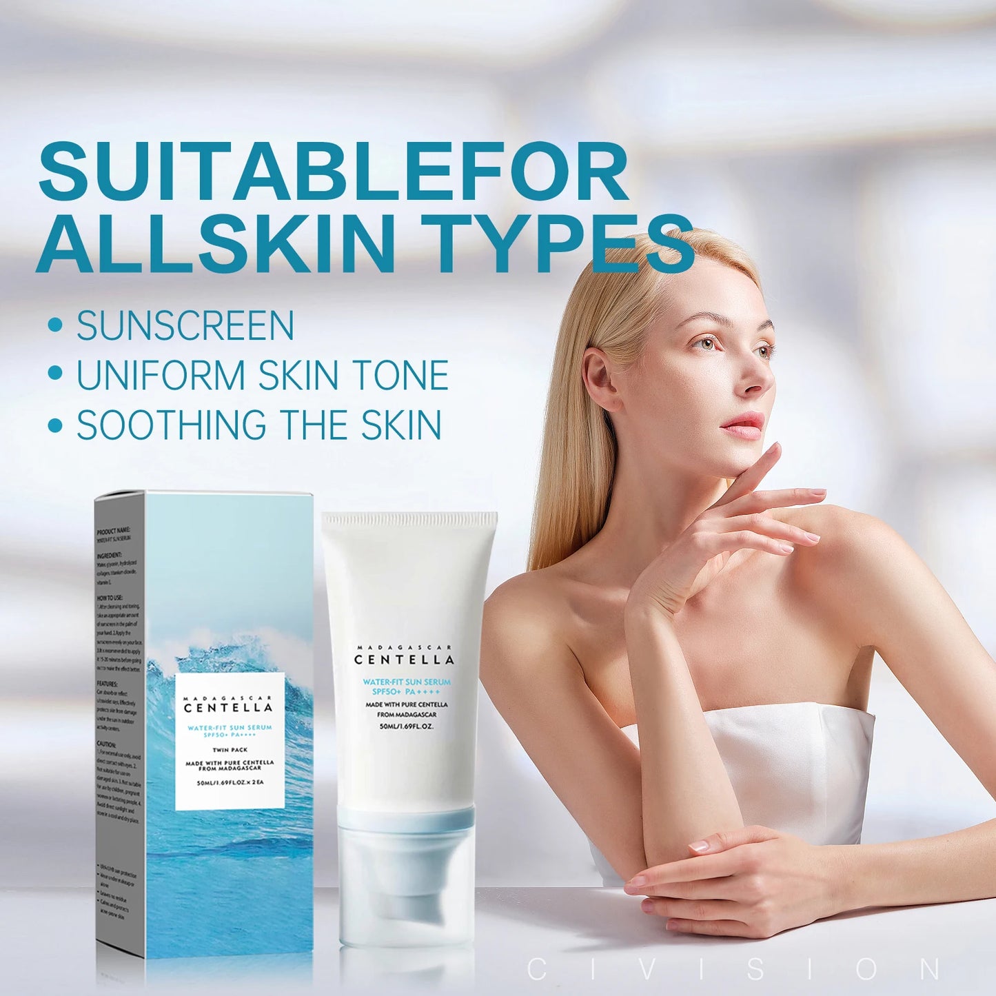 SPF50 Sunscreen Hyaluronic,Madagascar Pure Plant Essence Sunscreen Sensitive Skin, Waterproof  Lasting Sunblock,Reduces Fine Lin