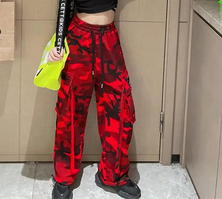 Girls Camouflage Pants Kids Fashion Casual High waisted wide leg pants 2025 Spring Fall ClothesTeen Girl Trousers 8 10 12 14Y