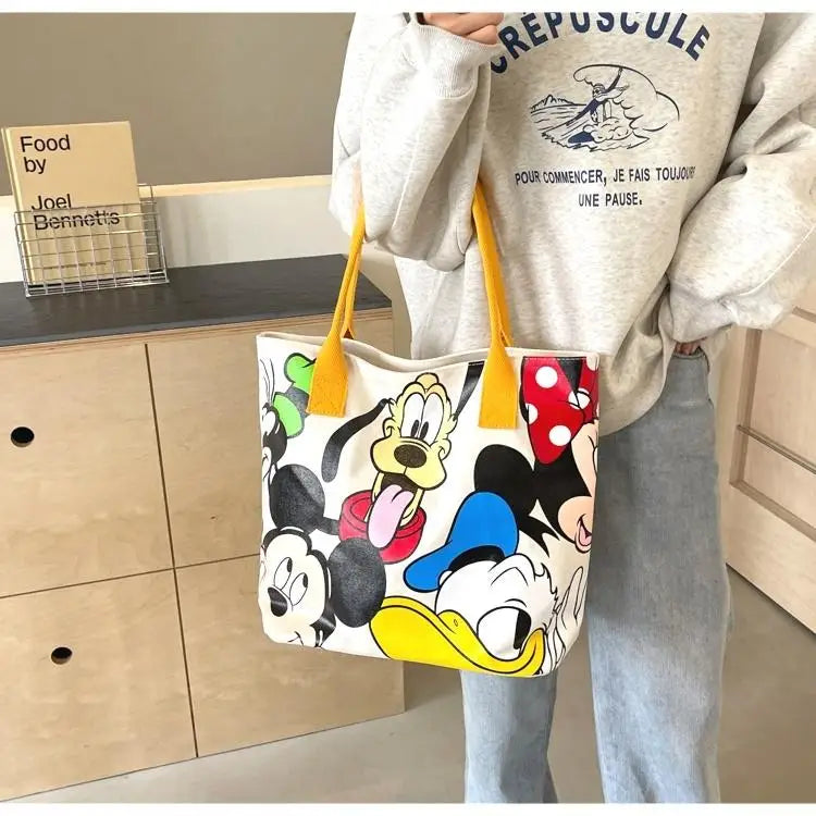 Cartoon Mickey Tote Bag Canvas Bag with Goofy Pattern Shoulder Bag Fashion Travel Large Capacity Canvas Bag Women Shopping Use