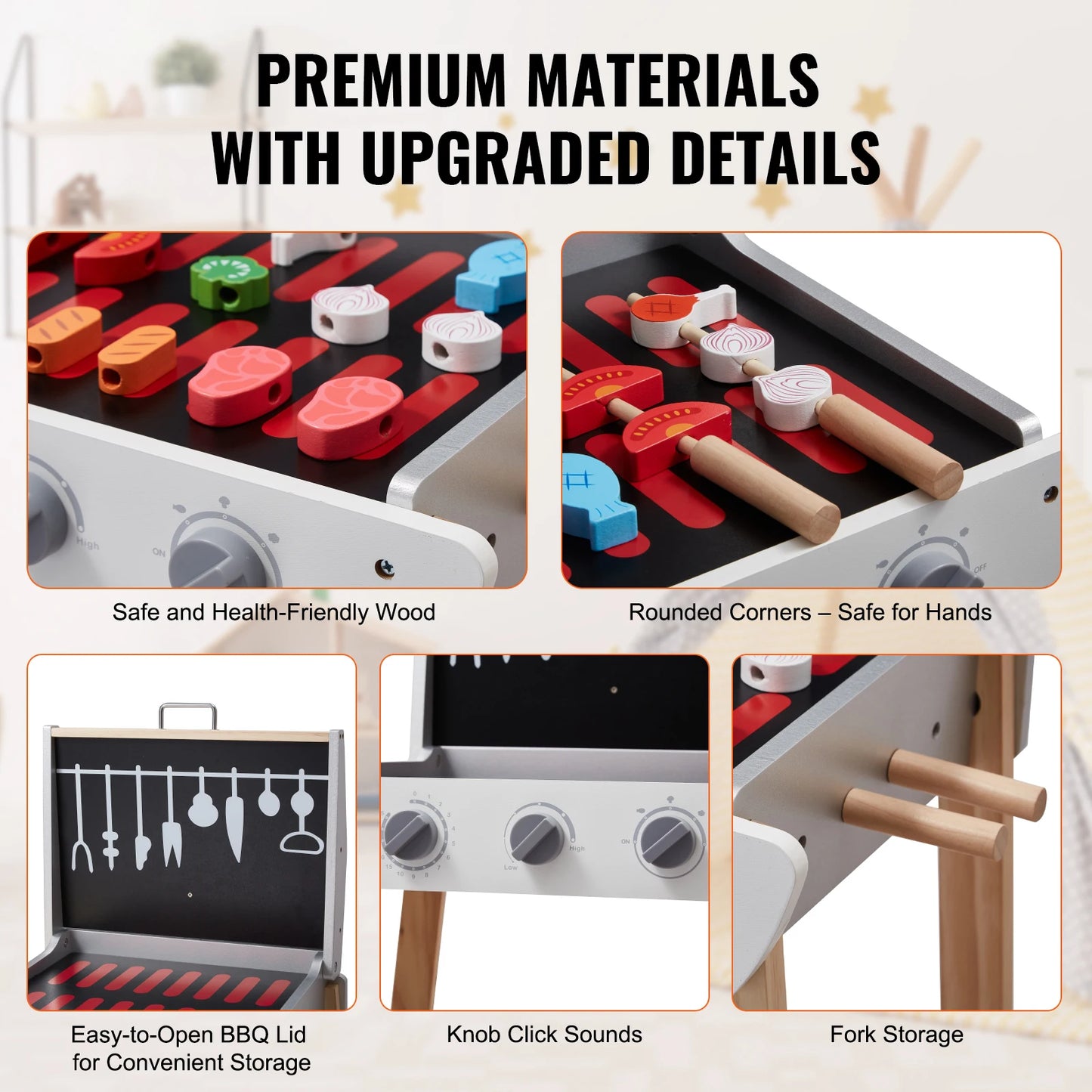 SucceBuy Cuisine de simulation Barbecue Ensemble de jeu de grill en bois, jouet Montessori pour enfants, cadeau pour filles