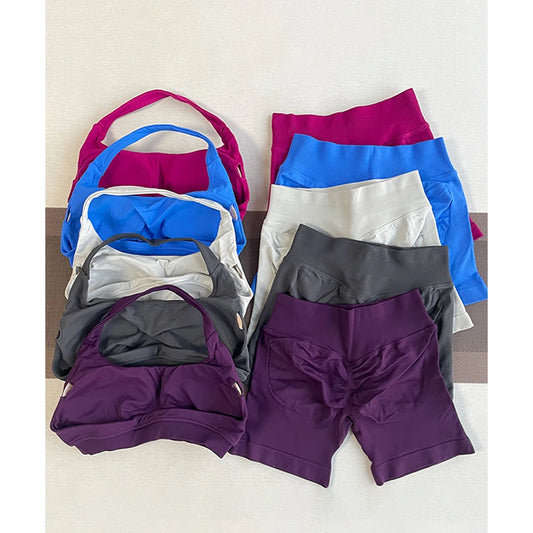 2 Pieces Yoga Gym Set Women Seamless Strappy Yoga Bra High Waist Workout Scrunch Shorts Sports Set Fitness Clothes Sportswear