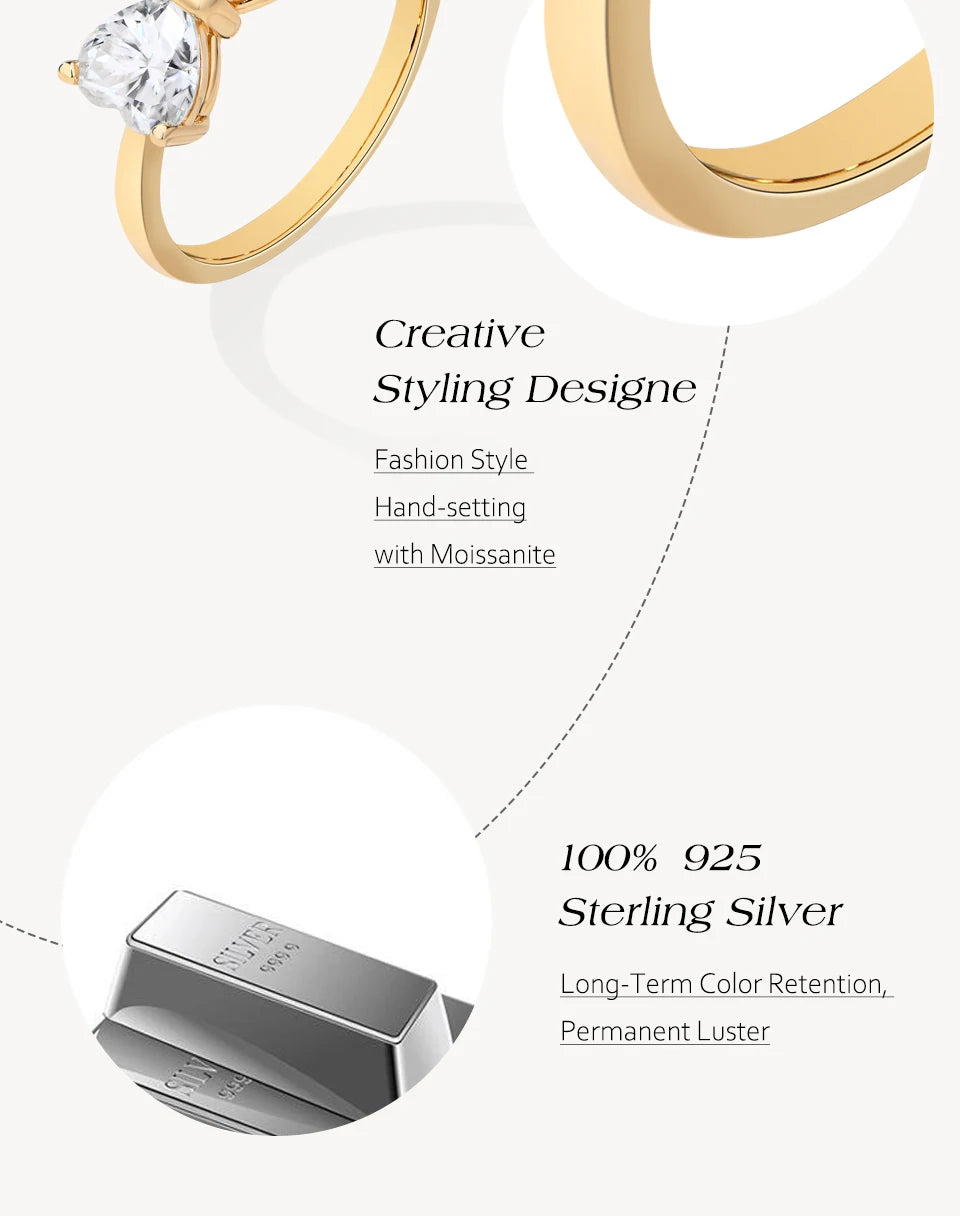 Bagues en argent sterling 925 avec nœud papillon et moissanite, lot de 2, 0,8 ct, taille cœur, couleur D, pureté VVS1. Bijou de luxe idéal pour une soirée.