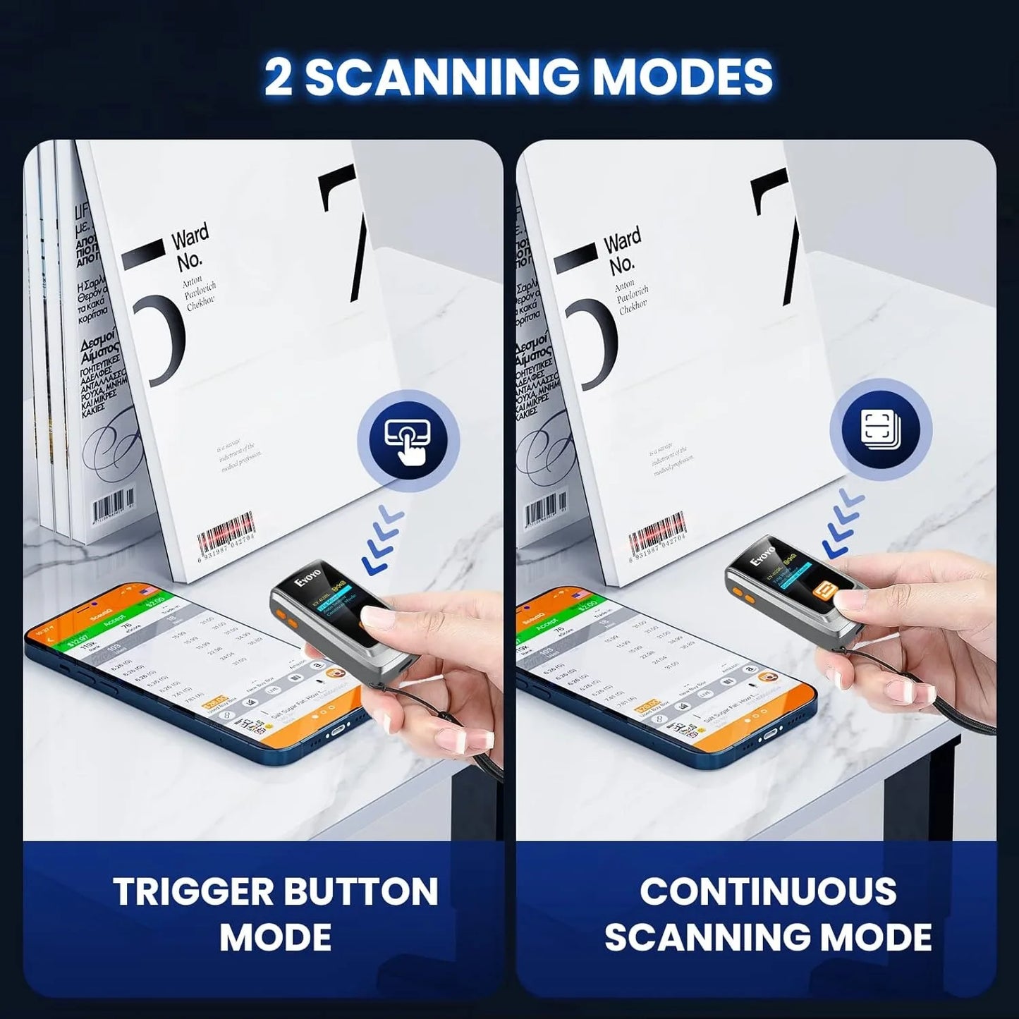 Scanner de codes-barres EYOYO Bluetooth QR 2D 1D avec écran LED, lecteur de codes-barres laser sans fil pour paiements mobiles iOS, Android et Windows.