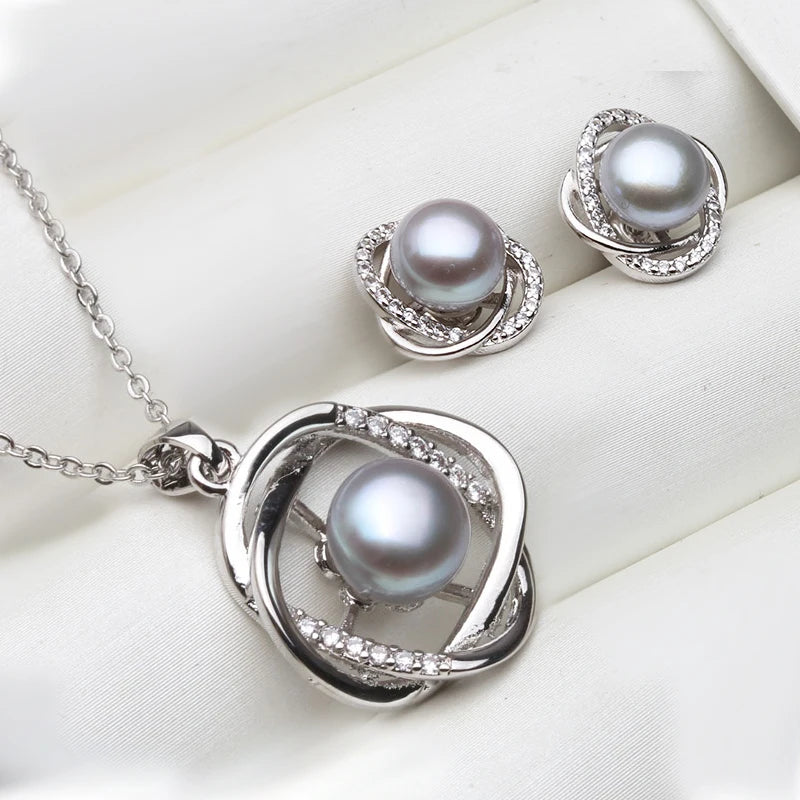 Ensemble collier et boucles d'oreilles en argent sterling 925 véritable pour femme, style classique, avec pendentif en perles naturelles blanches, noires et grises, idéal comme cadeau.