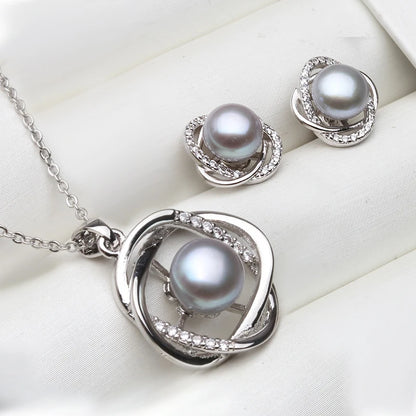 Ensemble collier et boucles d'oreilles en argent sterling 925 véritable pour femme, style classique, avec pendentif en perles naturelles blanches, noires et grises, idéal comme cadeau.
