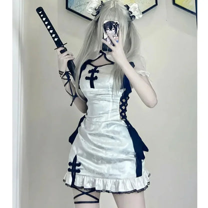 Robe de Serveuse Japonaise Lolita Blanche, Costume de Cosplay d'Halloween, Uniforme Slim Sexy Cheongsam, Princesse de Jeu