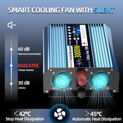 Convertisseur de puissance à onde sinusoïdale pure 3000 W CC 12 V/24 V CA 240 V (prise britannique) - Convertisseur de fréquence 50 Hz pour voiture solaire - Transformateur LED
