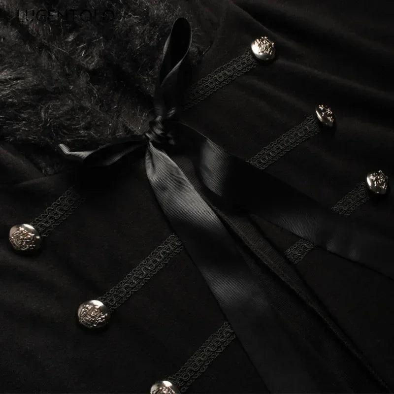 Men Punk Vintage Cape Casual Cloak Halloween Fur Collar Hooded Trench Medieval Costume Renaissance Party Autumn Winter Long Coat