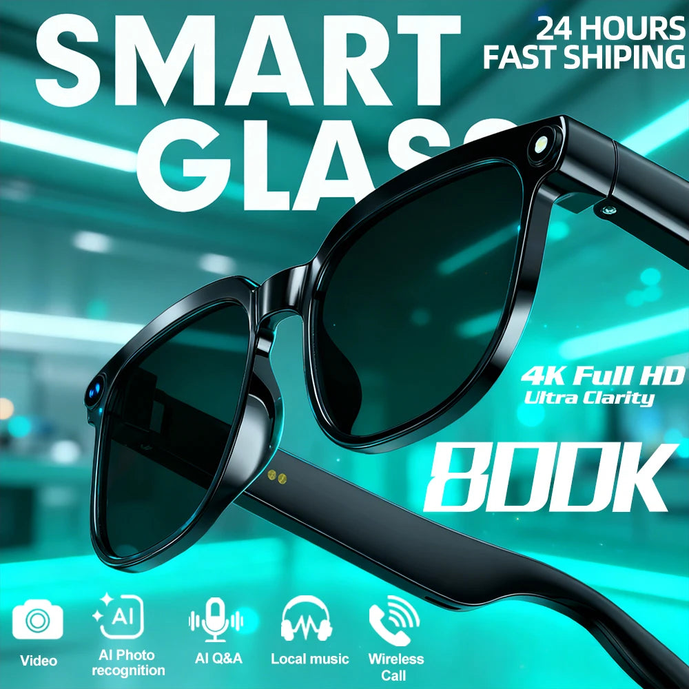 Lunettes intelligentes avec traduction IA, prise de photos, reconnaissance d'objets, caméra 4K, Bluetooth, musique, appels et enregistrement intelligent.