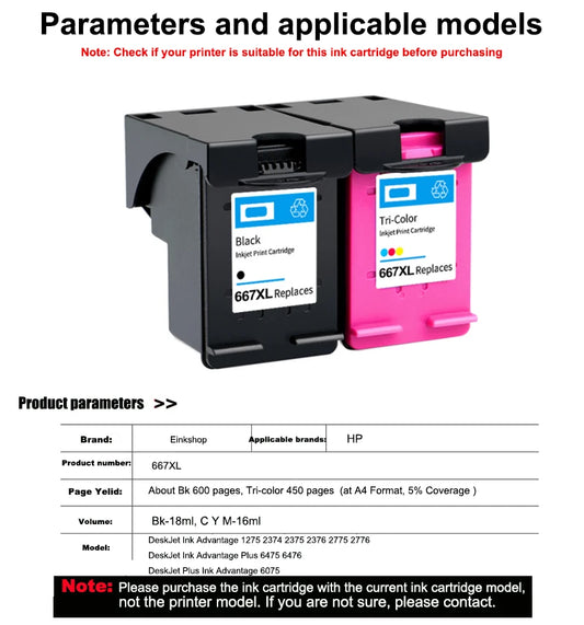 einkshop For HP 667XL 667 XL  Ink Cartridge for HP667 DeskJet Ink Advantage 1275 2374 2375 2376 2775 2776 printer