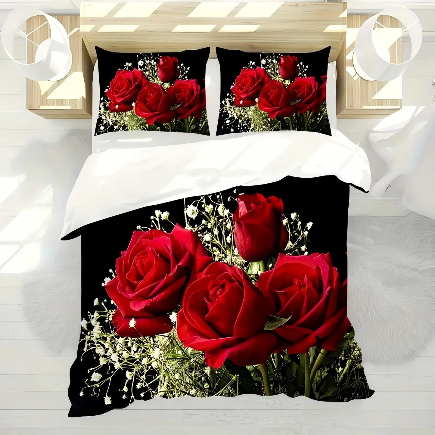 Red Roses 3D Printed Duvet Cover Valentine's Day theme Bedding set Soft Comfortable Luxury Couple style Quilt Cover Pillowcase