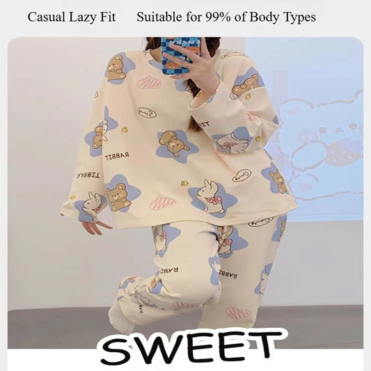 Women's Pajama Set for Spring & Autumn - Long Sleeve & Long Pant, Cute Cartoon Animal Print, Sweet Style for Home & Outdoor Wear