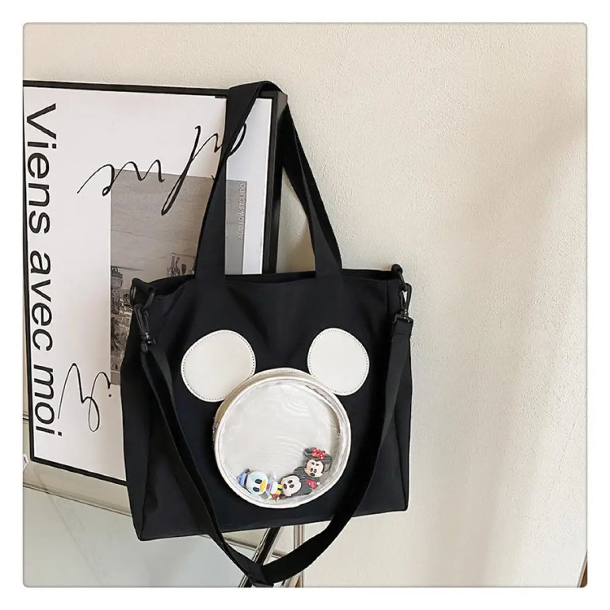Cute Cartoon Mickey Portable Tote Fashion Canvas Outside To Carry Shopping Bags Tide Shoulder Diagonal Bag