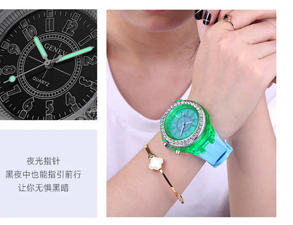 LED Light Flash Luminous Watches Women Men Boys Girls Silicone Wrist Watch Fashion Rhinestone Clock Kids Children Relogio Saati