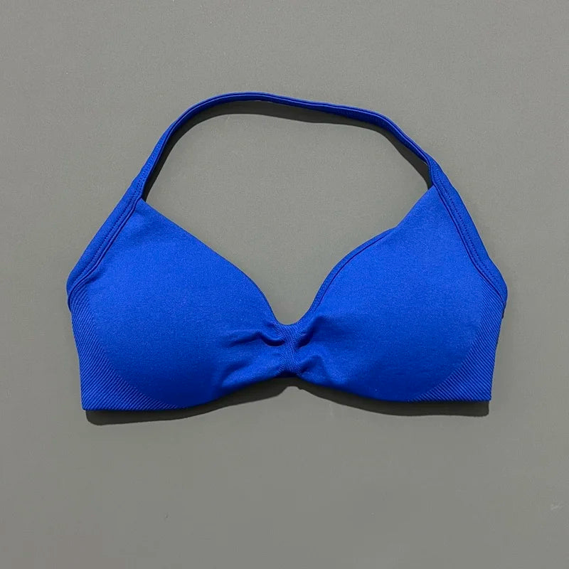 HISTELLO Strappy Bra Gym Top Women High Support Thin Strap Halter Sports Seamless Bras Scrunch Push-up Workout Yoga Tank Tops