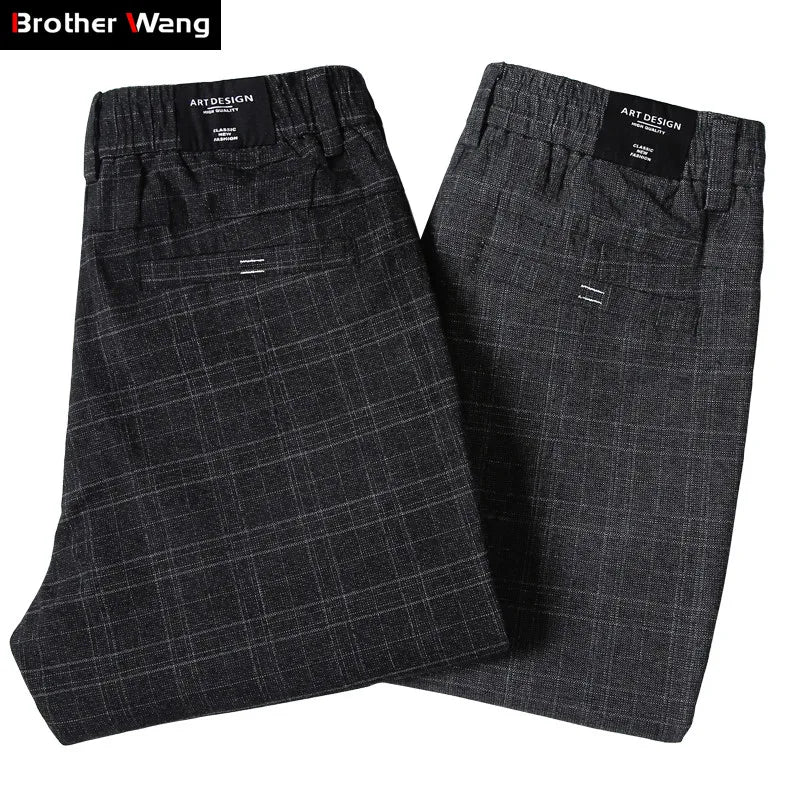2023 New Men's Casual Plaid Pants Business Casual Slim Fit Dark Grey Classic Style Elastic Trousers Male Brand Clothes