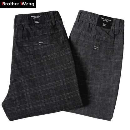 2023 New Men's Casual Plaid Pants Business Casual Slim Fit Dark Grey Classic Style Elastic Trousers Male Brand Clothes