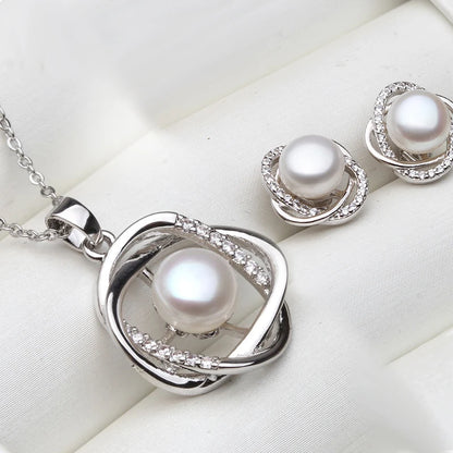 Ensemble collier et boucles d'oreilles en argent sterling 925 véritable pour femme, style classique, avec pendentif en perles naturelles blanches, noires et grises, idéal comme cadeau.