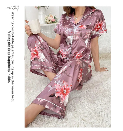 Satin Pajama for Women Flower Print Sleepwear Set Soft Comfort Home Clothes Autumn Short Sleeve Tops & Pants Pyjama Pijama Femme