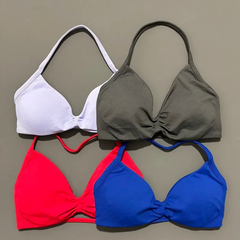 HISTELLO Strappy Bra Gym Top Women High Support Thin Strap Halter Sports Seamless Bras Scrunch Push-up Workout Yoga Tank Tops