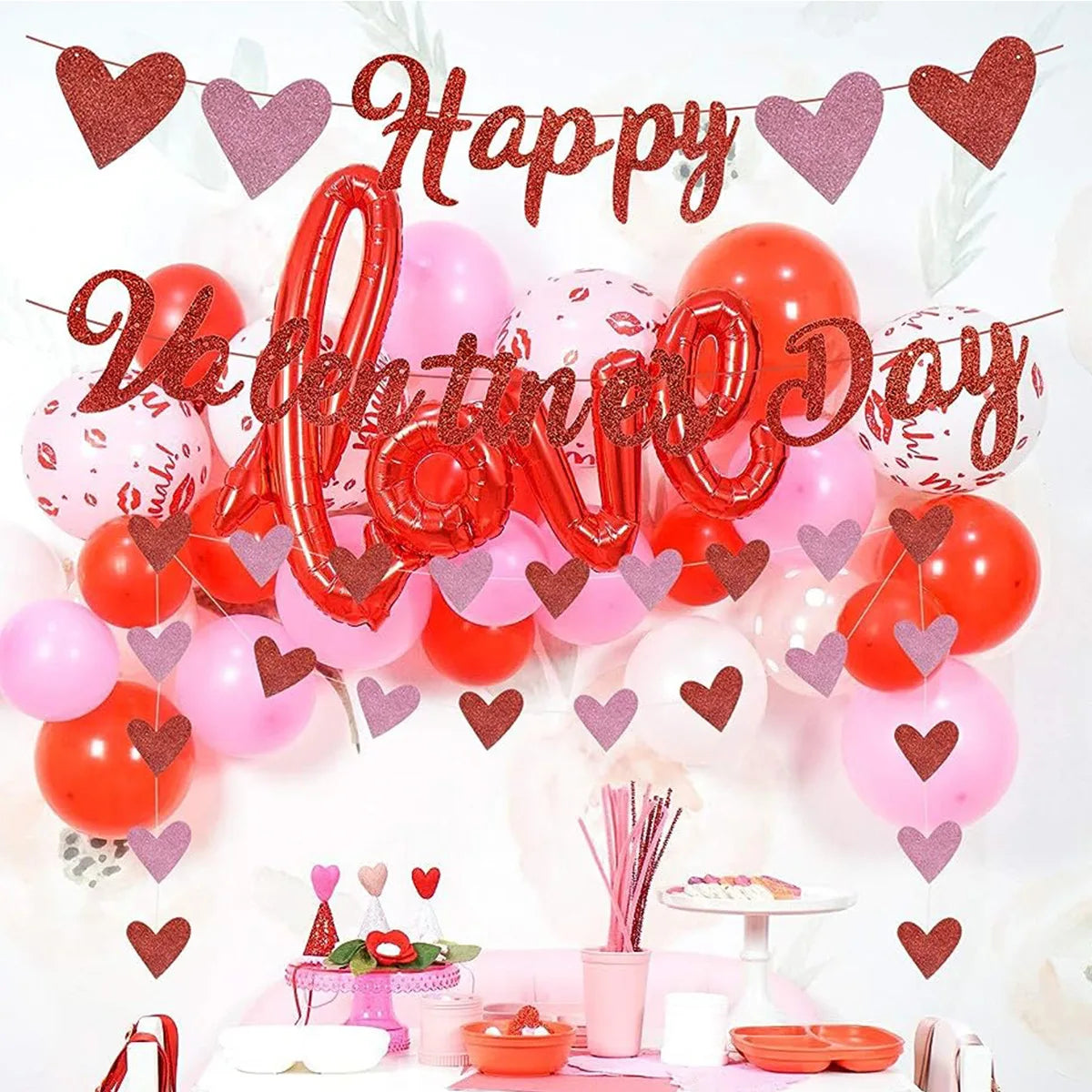 6Pcs Red/White Anniversary Heart Love Spiral Swirl Hanging Garland Balloon Straws for Valentine's Day Wedding Party Decorations