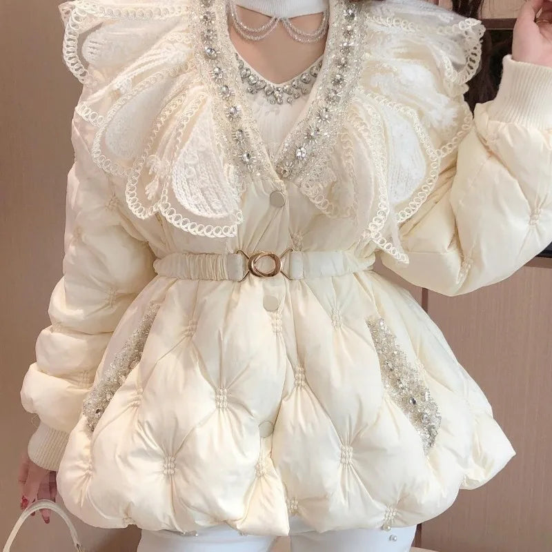 Cotton Padded Women's Coat Winter Parkas Sweet Heavy Industry Water Diamond Doll Collar, Waist Cinching Warm Cotton Clothing