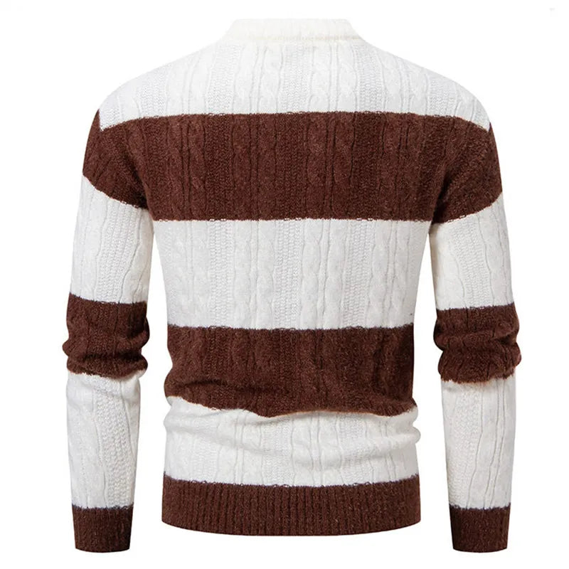 Pull en maille patchwork à col montant pour homme, rayé, décontracté et tendance, idéal pour l'automne et l'hiver.