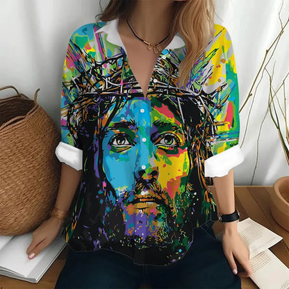 Autumn Women's Shirt Fashion Long Sleeve T-shirt Figure Print Loose Button Fashion Top Women's Polo Neck Long Sleeve T-shirt