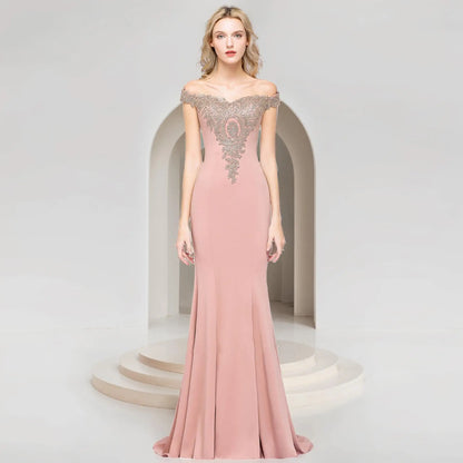 Robe de Soiree 2026 Elegant Off-Shoulder Evening Dress Sexy Lace Crystals Rose Gold Long Prom Party Dresses Vestido de Festa