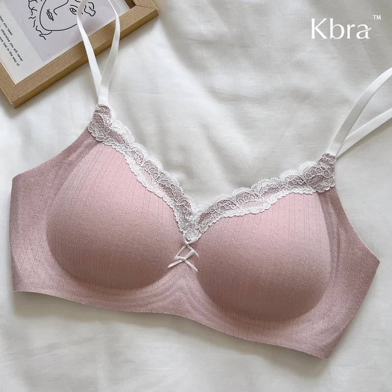 Lace Contrast Floral Print Lingerie for Women, Small Chest Gathering, Seamless and Underwire Bra