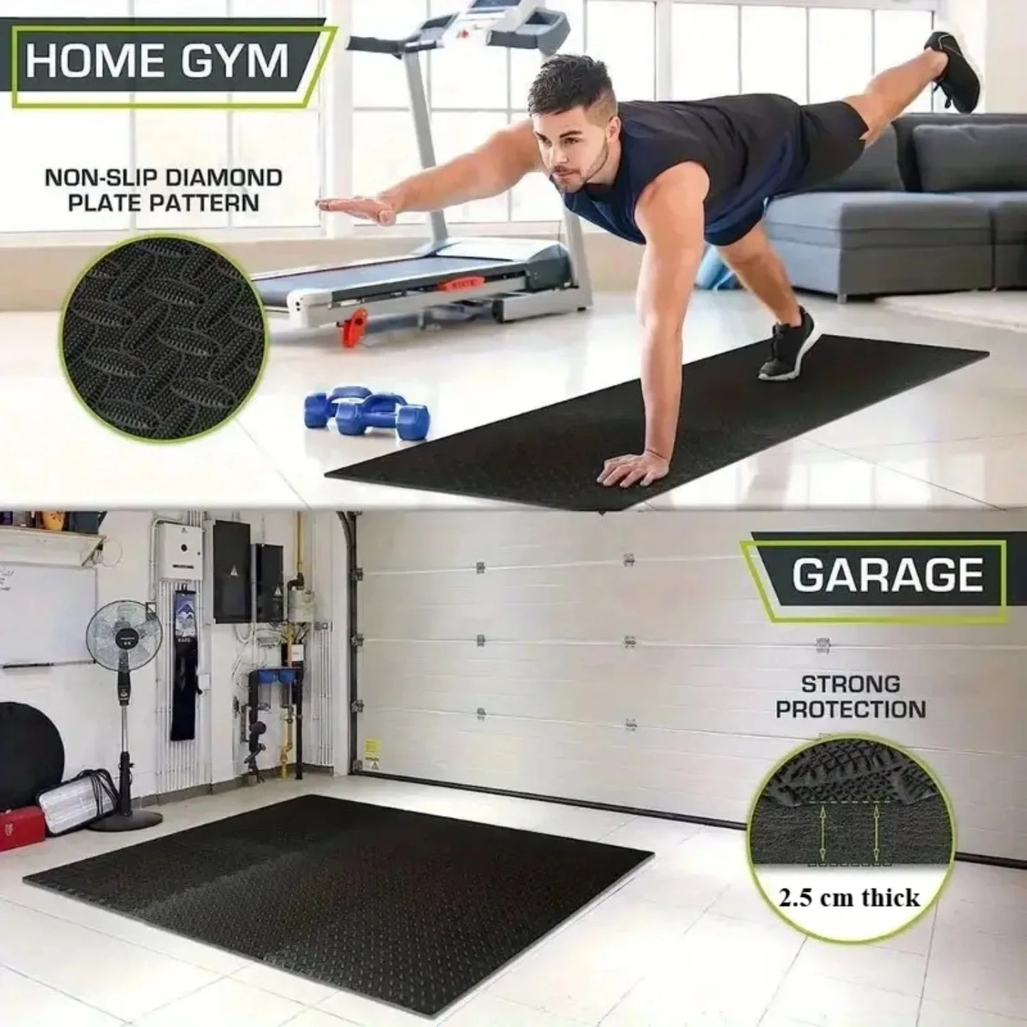 Tapis de gym emboîtable en 8 pièces, 2,5 cm d'épaisseur, antidérapant, absorbant les chocs, lavable, idéal pour le yoga, les salles de sport, les salons, les garages, etc.