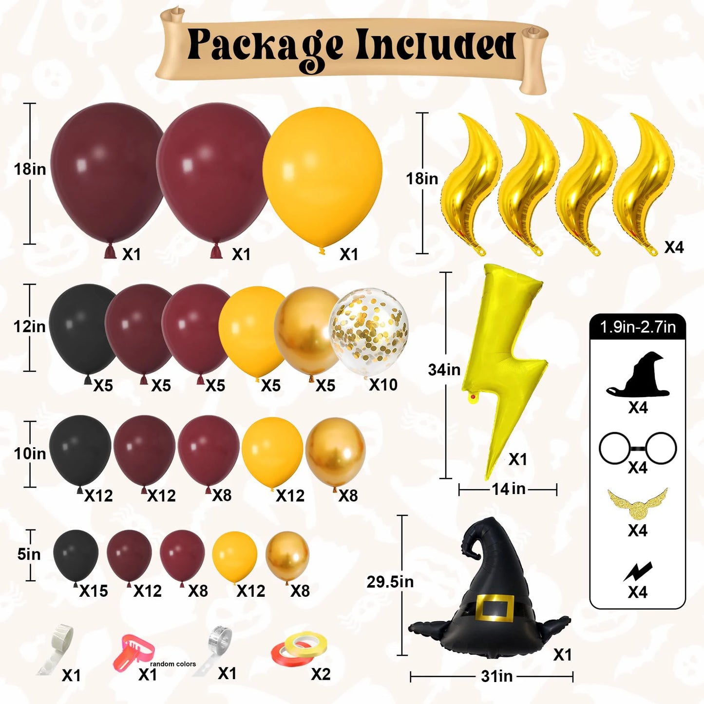 Kit d'arche de ballons magiques pour école de sorciers, avec chapeau de sorcier Vif d'or bordeaux, noir et or, pour une fête d'anniversaire sur le thème de la magie ou d'Halloween.