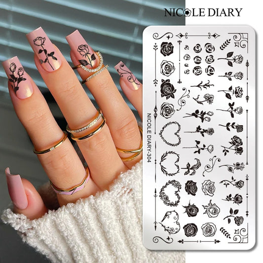 NICOLE DIARY Rose Flower Nail Stamping Plates Image Template Valentine's day Love Heart Printing Stencil Nail Art Manicure Tools