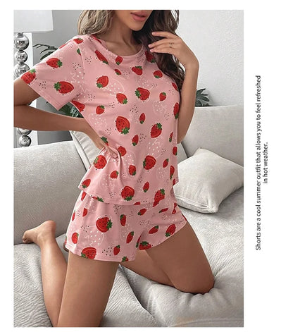 Pajamas Set for Women Breathable Strawberry Print Sleepwear Comfy Short Sleeve Top and Shorts Pyjama Home Loungewear for Ladies