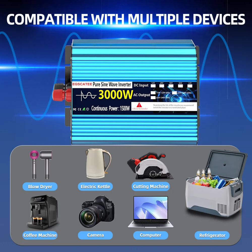 Convertisseur de puissance à onde sinusoïdale pure 3000 W CC 12 V/24 V CA 240 V (prise britannique) - Convertisseur de fréquence 50 Hz pour voiture solaire - Transformateur LED