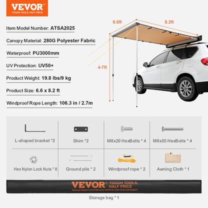 VEVOR Vehicle Awning  Retractable Car Side Awning Car Awning with Waterproof Storage Bag  Suitable for Truck SUV Van Campers
