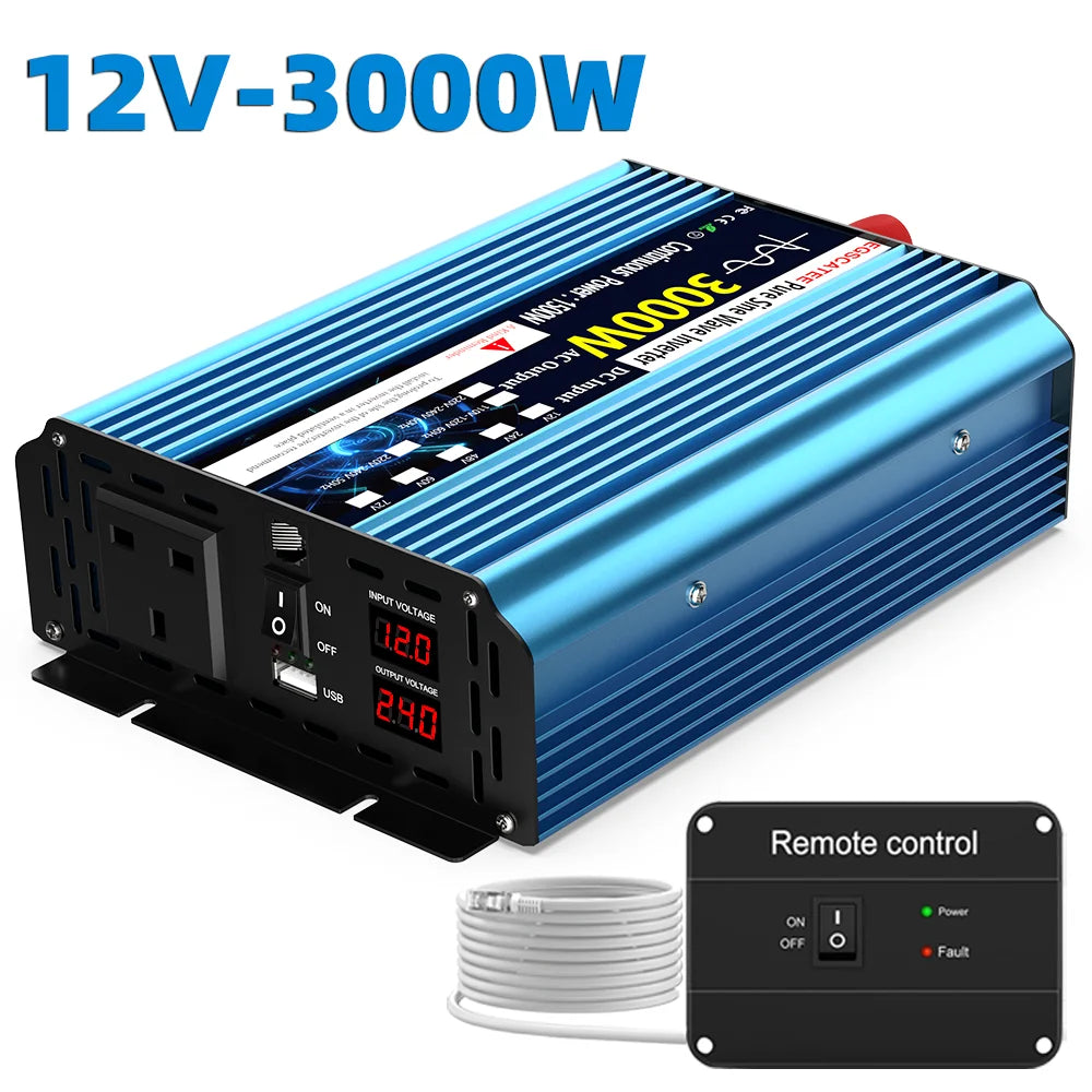 Convertisseur de puissance à onde sinusoïdale pure 3000 W CC 12 V/24 V CA 240 V (prise britannique) - Convertisseur de fréquence 50 Hz pour voiture solaire - Transformateur LED