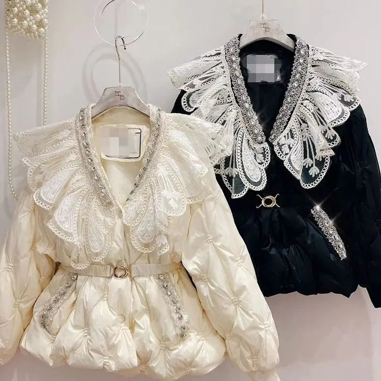 Cotton Padded Women's Coat Winter Parkas Sweet Heavy Industry Water Diamond Doll Collar, Waist Cinching Warm Cotton Clothing