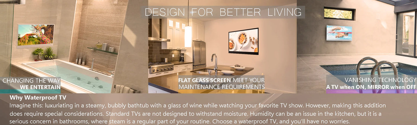 Souria 32inch Smart Mirror Touchscreen FHD LED TV Water Resistant Magic Android Bluetooth DTV Tuner Bathroom SPA Kitchen