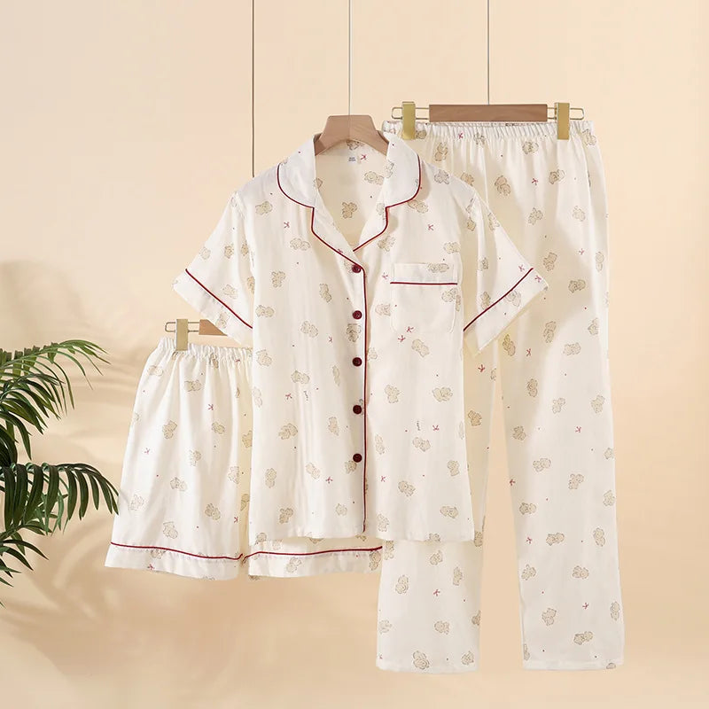 Summer Women Pajamas 3 Pieces Set 100% Gauze Cotton Female Sleepwear Bedroom Set Short sleeved long pants + shorts Woman Piiama