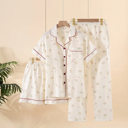 Summer Women Pajamas 3 Pieces Set 100% Gauze Cotton Female Sleepwear Bedroom Set Short sleeved long pants + shorts Woman Piiama