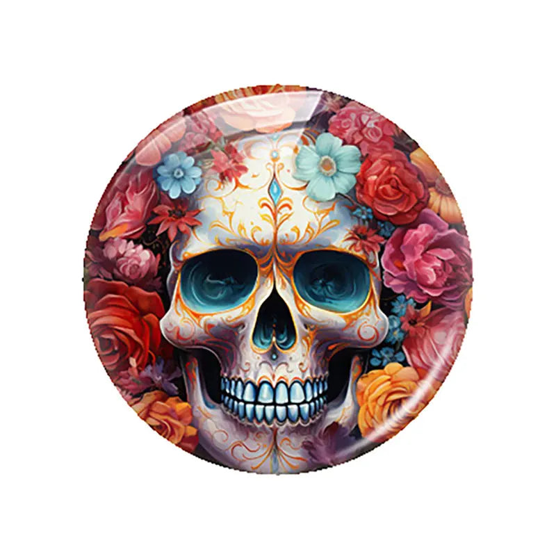 Breloques cabochons en verre à dos plat, style gothique sombre, tête de mort et fleur, pour la création de bijoux DIY. Démonstration de camée à dos plat pour la fabrication de bijoux DIY.