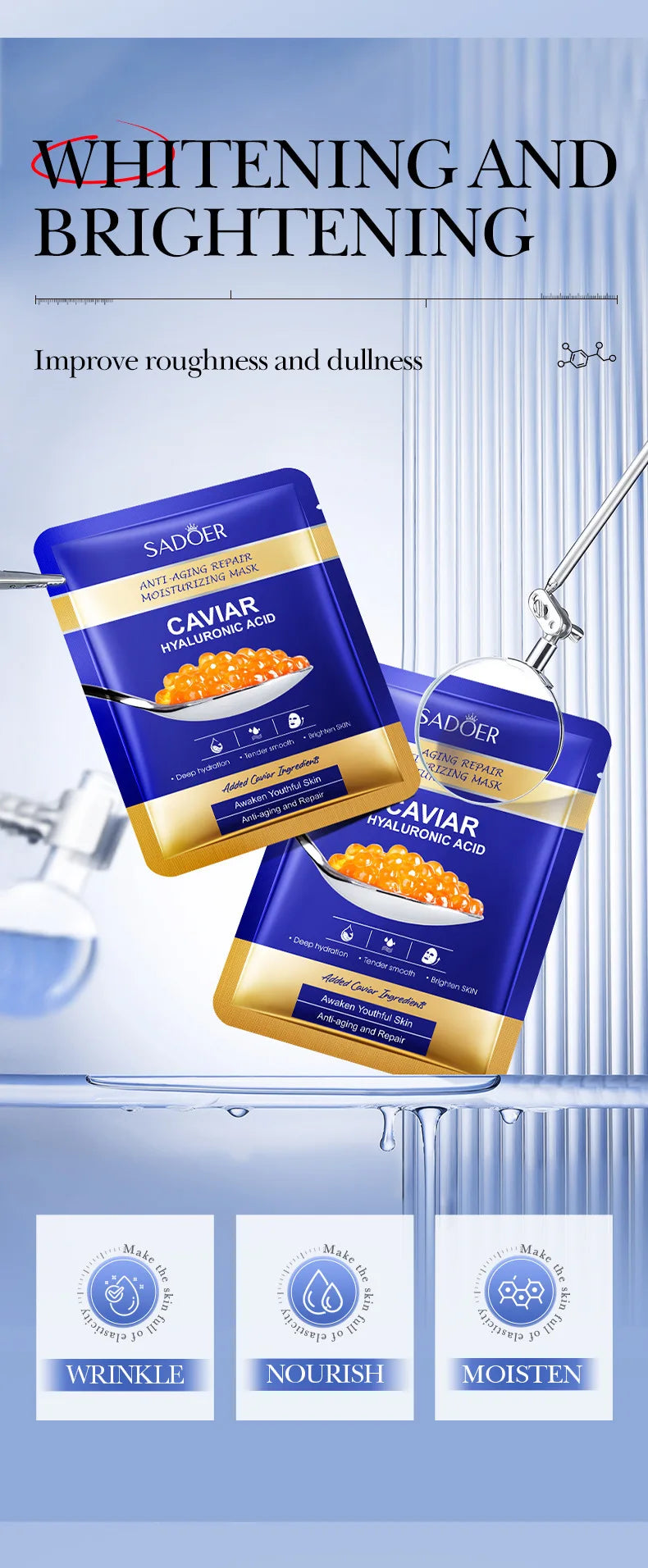 5pcs SADOER Caviar Hyaluronic Acid Moisturizing Facial Masks Brightening Firming Hydrating Face Mask Facial Skin Care Products