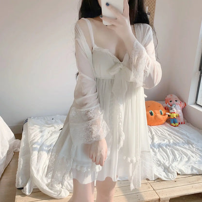 Robe Gown Sets Women Sexy Lace Low-cut Ruffles Bowknot Sweet Princess Female Sleepwear Summer Above Knee Comfortable Lounge Wear