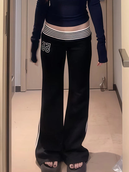 2025 Autumn Winter Women High Street American Retro Flared Pants Y2k Low Rise Long Trousers College Harajuku 2000s Bell Bottom