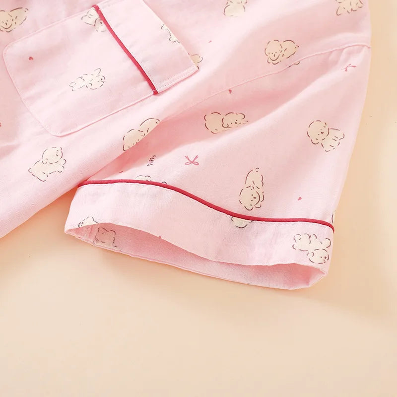 Summer Women Pajamas 3 Pieces Set 100% Gauze Cotton Female Sleepwear Bedroom Set Short sleeved long pants + shorts Woman Piiama