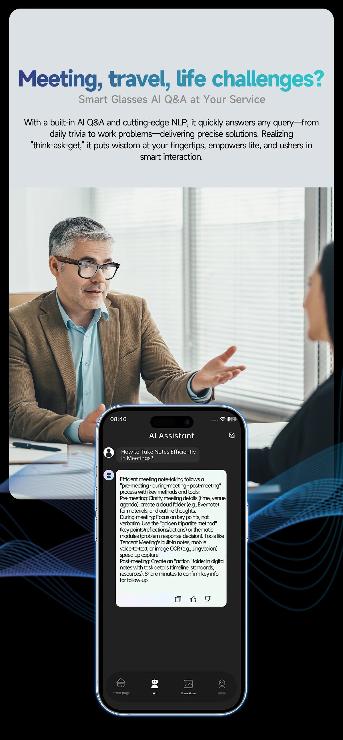 Lunettes intelligentes 8 mégapixels, enregistrement vidéo, reconnaissance photo IA, traduction des réponses, batterie 270 mAh, étanche IP65, Bluetooth