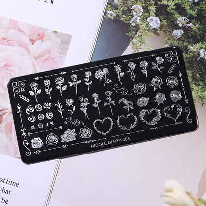 NICOLE DIARY Rose Flower Nail Stamping Plates Image Template Valentine's day Love Heart Printing Stencil Nail Art Manicure Tools