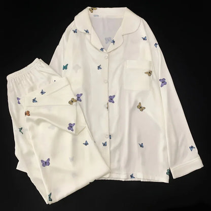 French Elegant Romantic Butterfly Print Women Pajamas Simple Ins Literary Aesthetics Sleepwear 2024 Fall Winter New Y2k Lounges