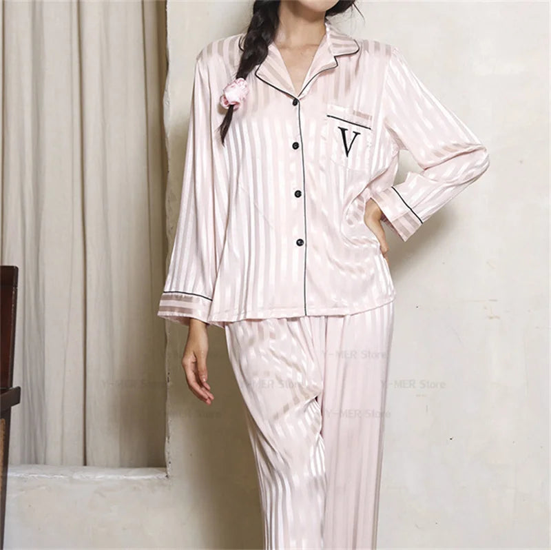 2025 Women Stripe Print Satin Pajama Ladies Pyjamas Loungewear Set Long Sleeve Buttons Lapel Tops & Pants Pijamas De Mujer